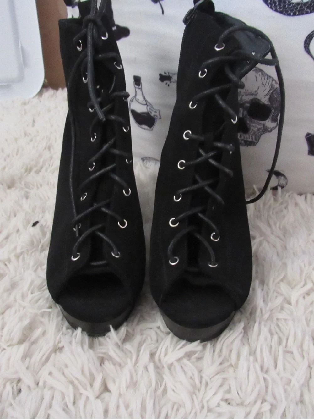 Windsor Black Lace-Up Peep Toe Heeled Booties
